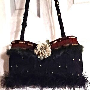 Mary Frances Victorian Boho Embellished  Fur Shoulder Handbag Art To Wear